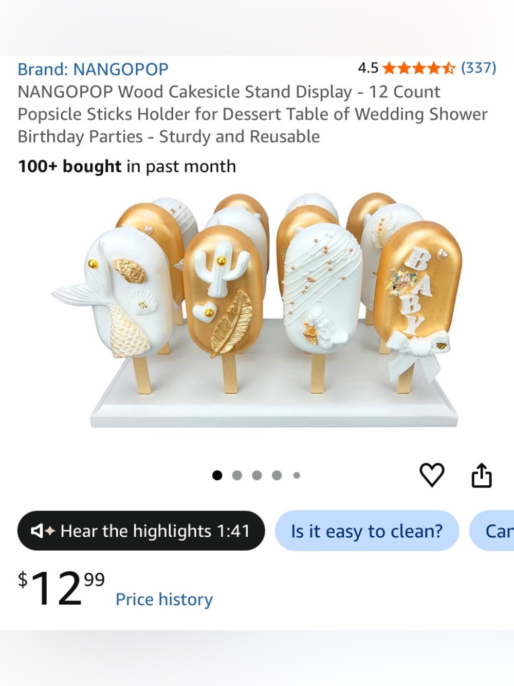 Gold & White Cake Popsicle Stand Display - 12 Count